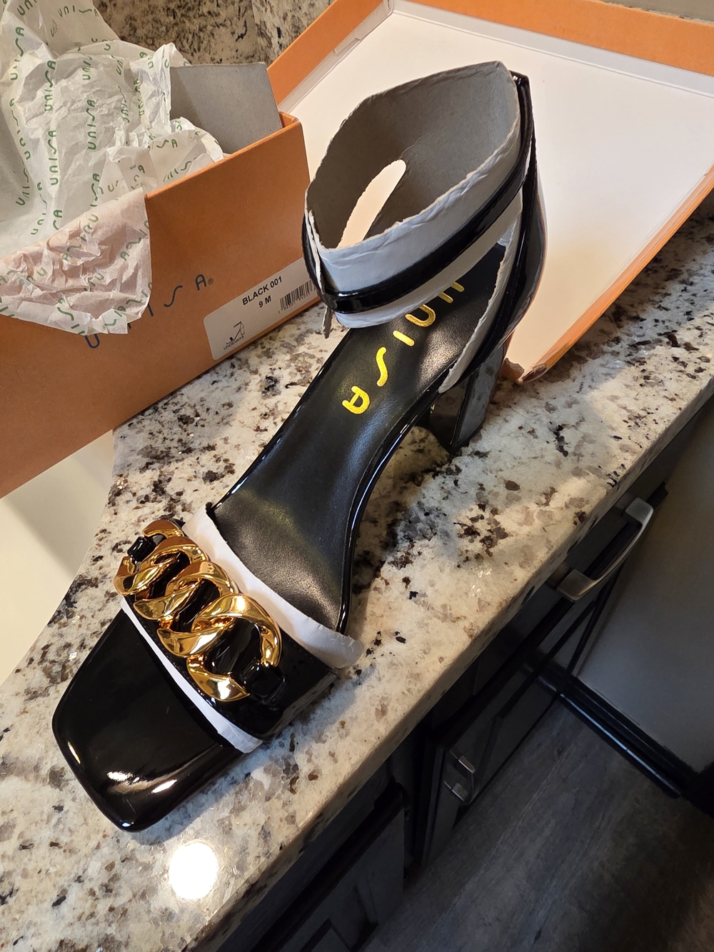 Black Patent Block Heel Sandal with Gold Chain Accent